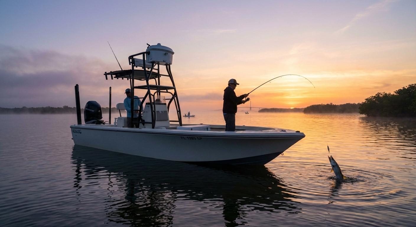 Early morning fishing in Tampa Bay with sunrise and anglers on the water