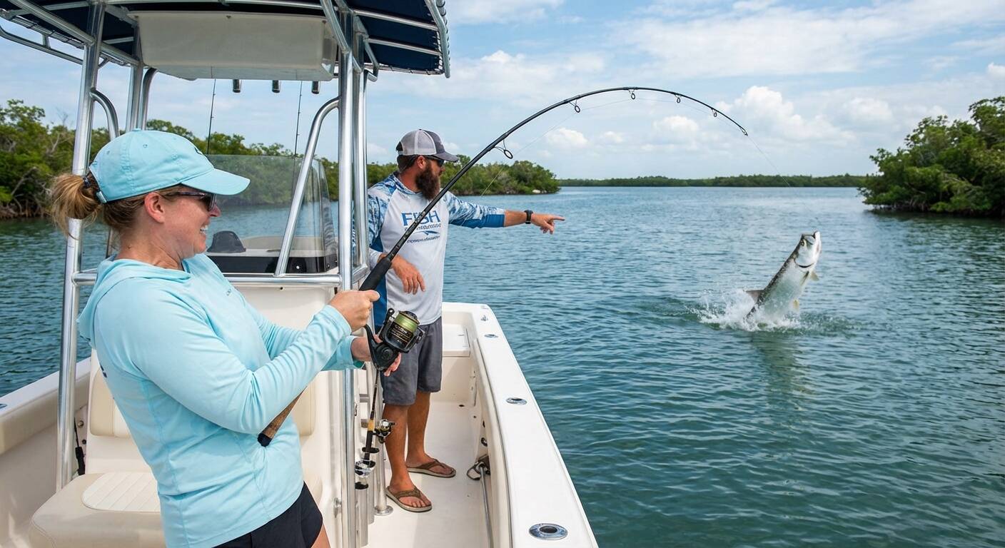 Beginner angler catching tarpon on a Tampa Bay fishing charter