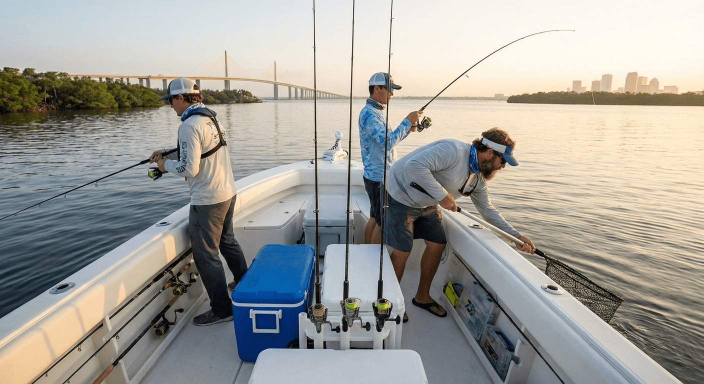 Anglers enjoying a private fishing charter in Tampa Bay, catching fish with a professional guide